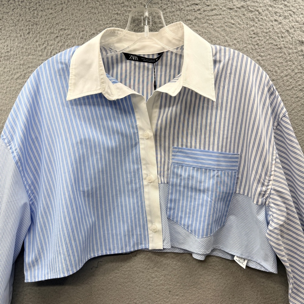 NWT Zara Blue Striped Patchwork Cropped Long Sleeve Button Up Top Shirt Size S - Picture 8 of 12
